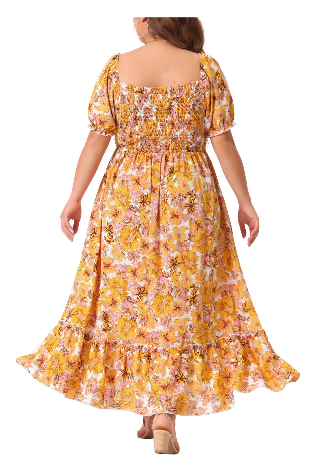Short Sleeve Shirred Square Neck Floral Maxi Dress, Dark Yellow / Yellow, alternate image number 3