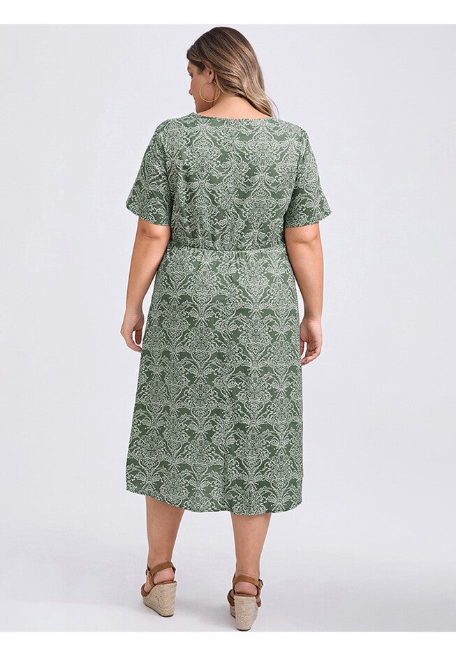 Boho Floral Print V Neck Short Sleeve Dress with Pockets, Gray Green / Light Grey, alternate image number 2