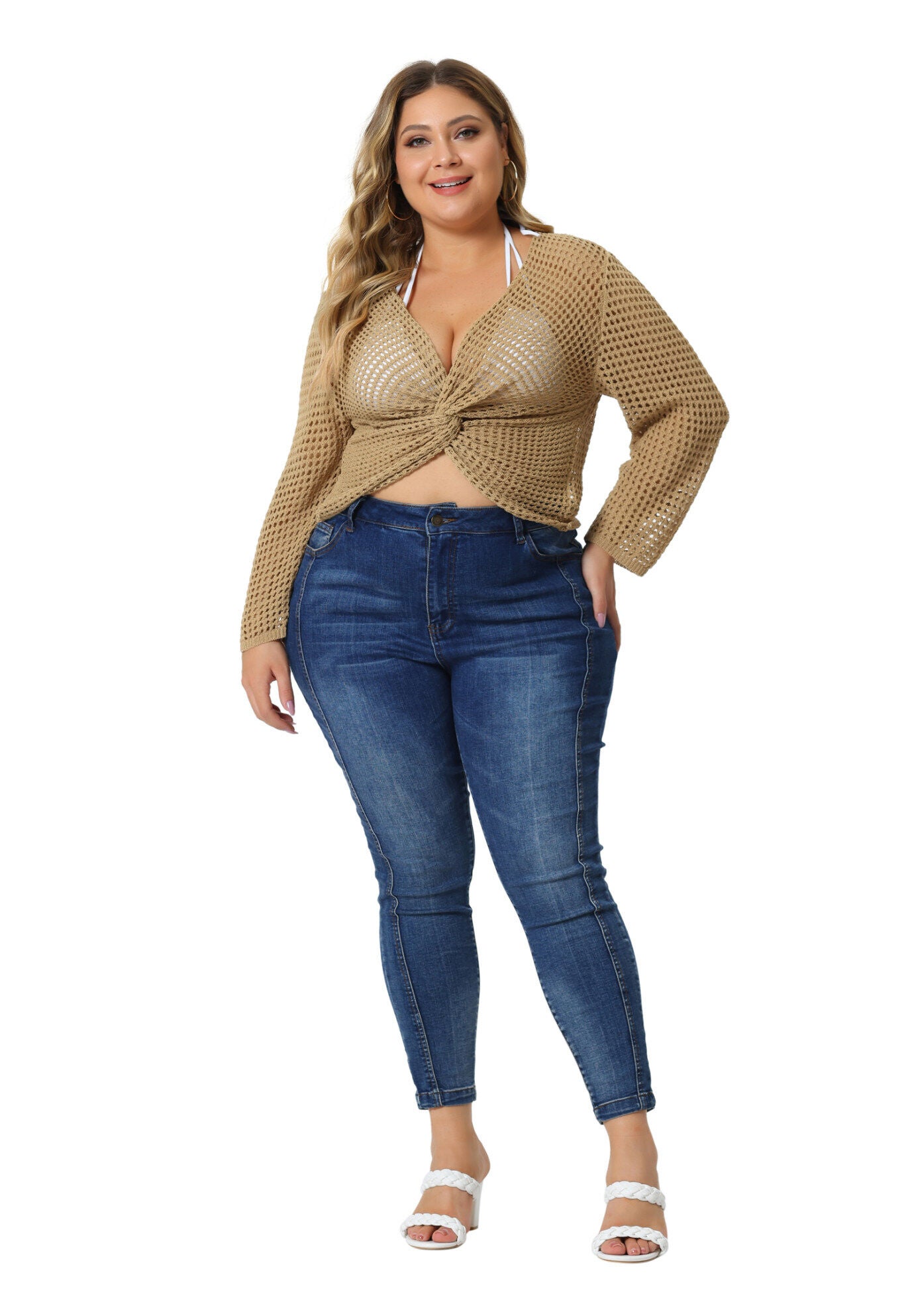 Mesh Crochet Crop Top Hollow Out Knit See Through Cover Up, Light Camel / Brown, hi-res image number 0