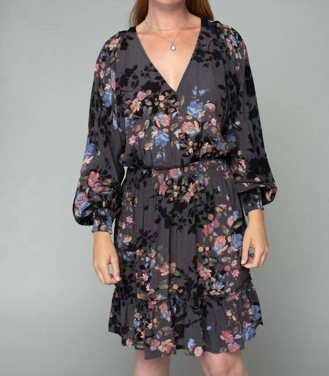 FLORAL DOLMAN SLEEVE SMOCKED V NECK MINI DRESS IN GREY/ DUSTY BLUE, Grey Dusty Blue / Black, hi-res image number 0