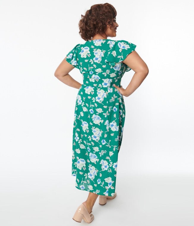 Unique Vintage Green Floral Flutter Sleeve Midi Dress, Green Floral / Turquoise, alternate image number null
