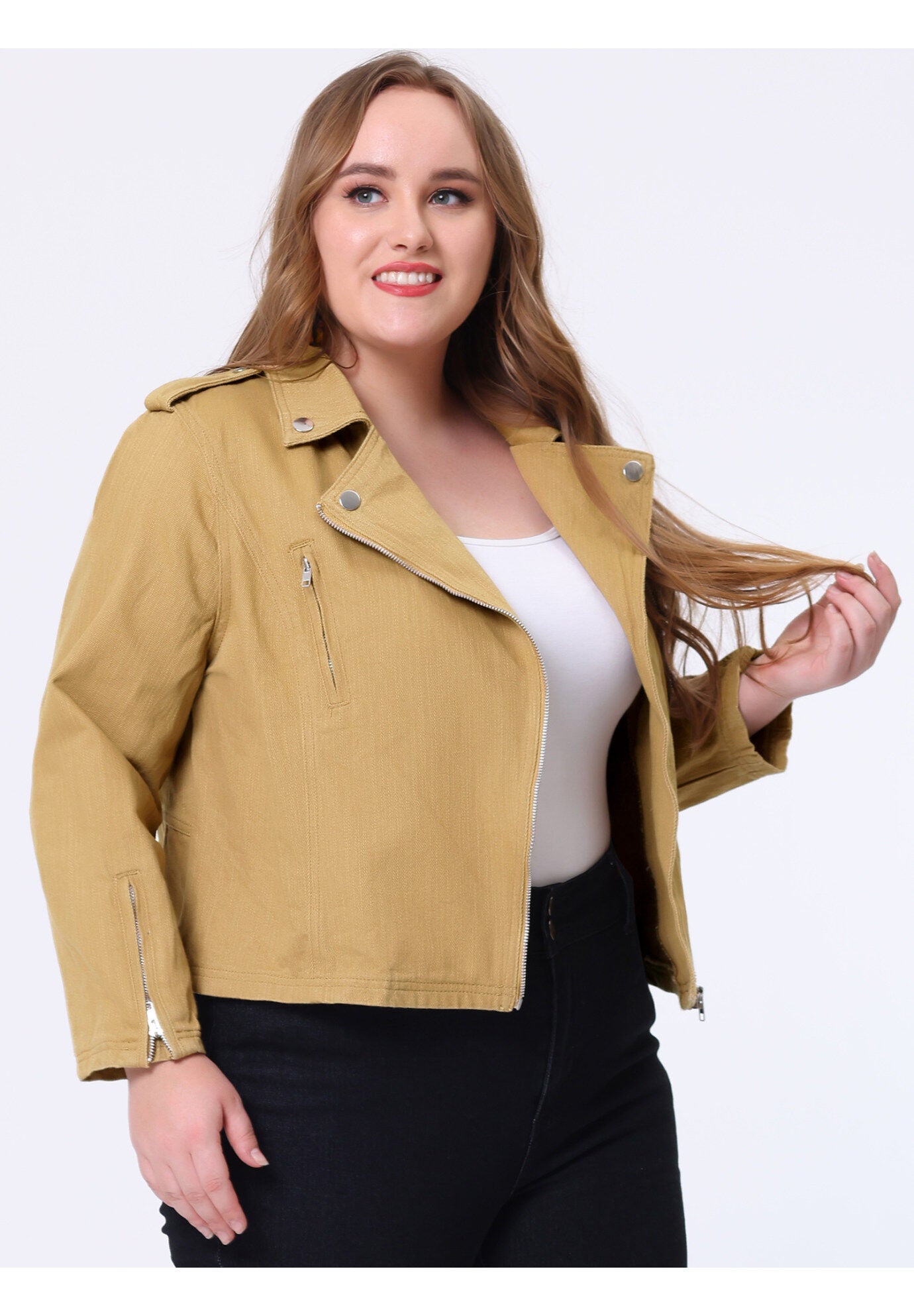 COLLAR INCLINED ZIP CLOSURE DENIM BIKER MOTO JACKET, Khaki / Brown, hi-res image number 0