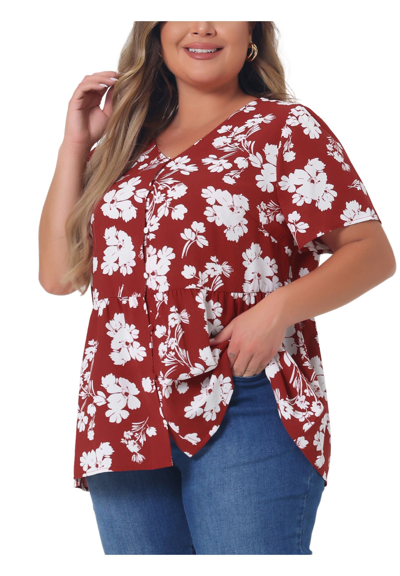 Chiffon Shirt V Neck Ruffle Short Sleeve Floral Peplum Top, Red / Red, alternate image number 1