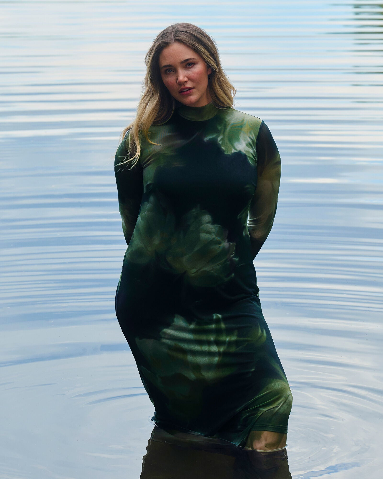 Peace Lily Floral Bodycon Long Sleeve Mesh Dress, BlackMoss / Black, alternate image number 1