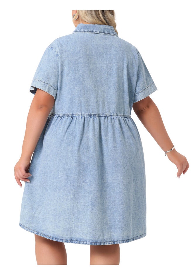 Denim Babydoll Tiered Short Sleeve Button Down Jean Shirt Dress, Light Blue / Light Blue, alternate image number 3