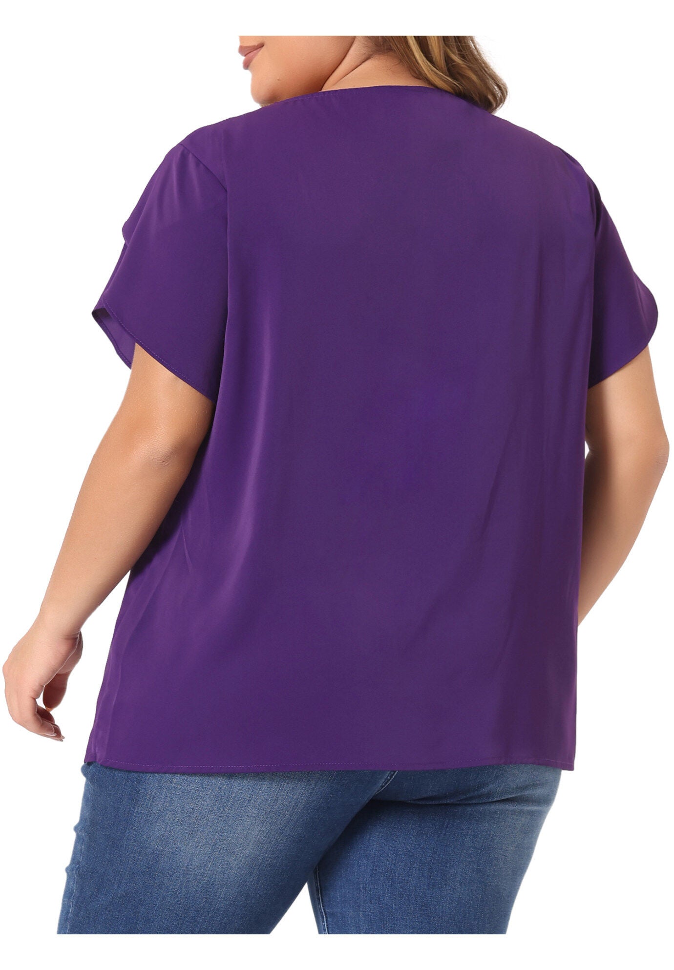 Round Neck Pleated Top Tulip Sleeves Blouse Top, Purple / Purple, alternate image number 3