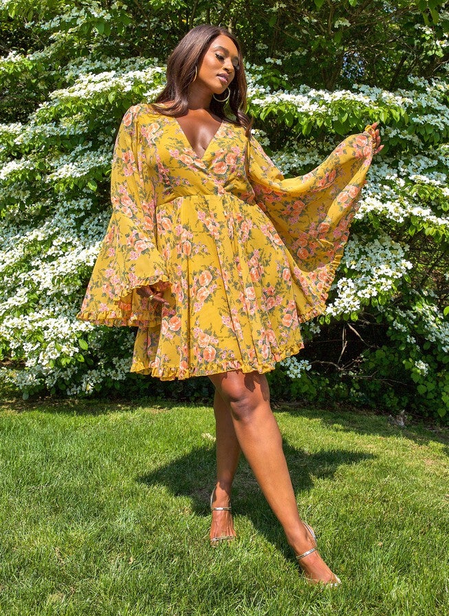PENNY FLORAL FLARED SLEEVE MINI SKATER DRESS, Mustard / Mustard, alternate image number 1