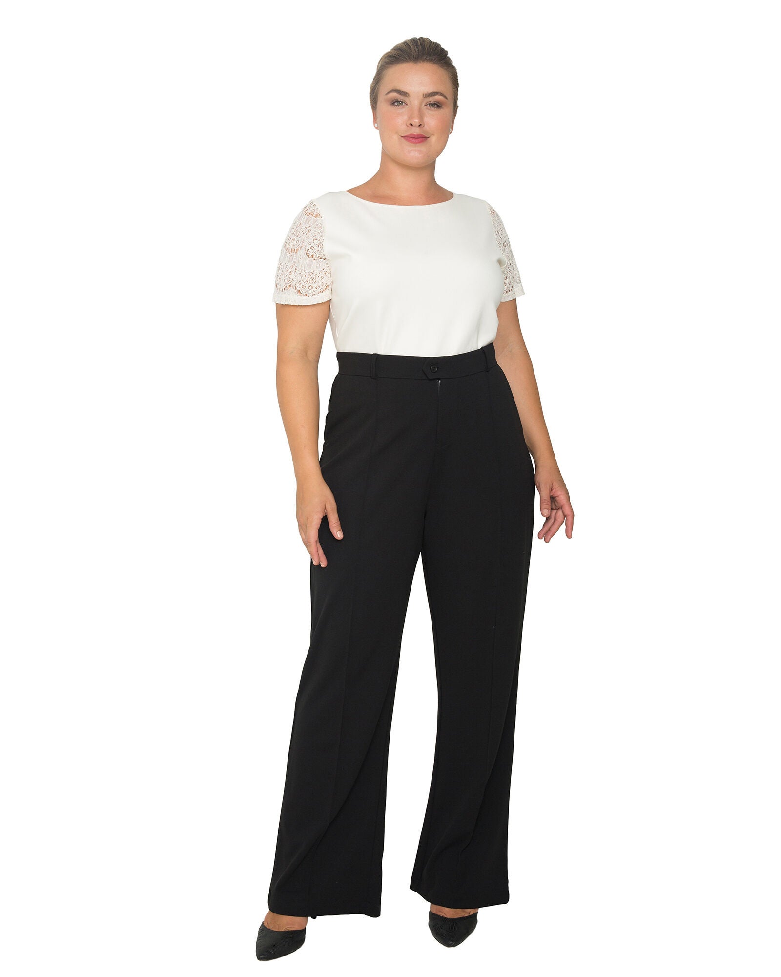 Plus Size Erica Pintuck Stretch Crepe Wide Leg Trouser, Black / Black, alternate image number 2