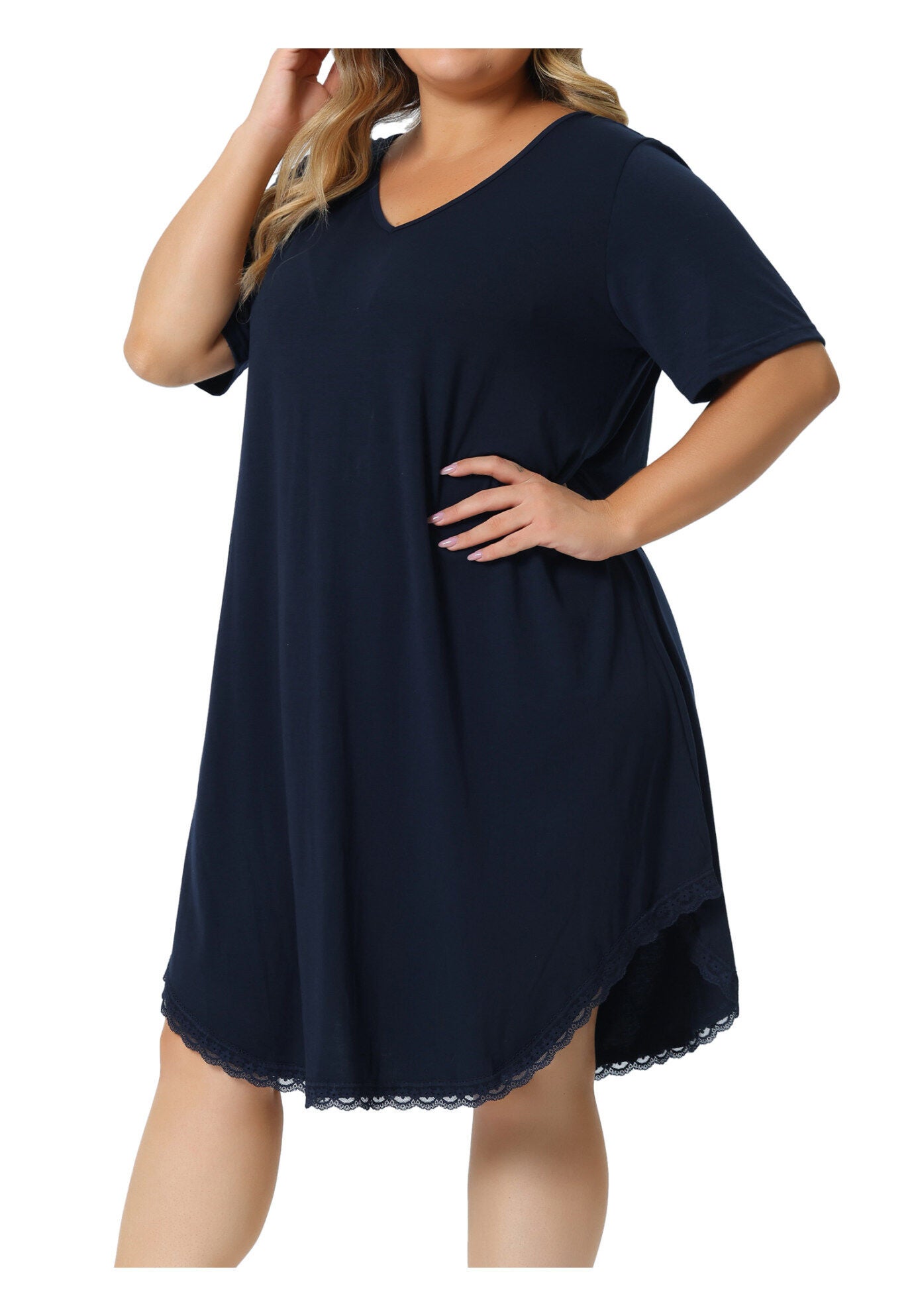 Short Sleeve V Neck Pajama Sleepdress, Royal Blue / Royal Blue, alternate image number 1