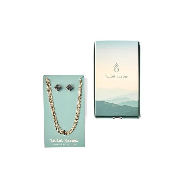 LAYERED NECKLACE WITH DRUZY STUDS EARRINGS, Gold / Gold, hi-res image number 0