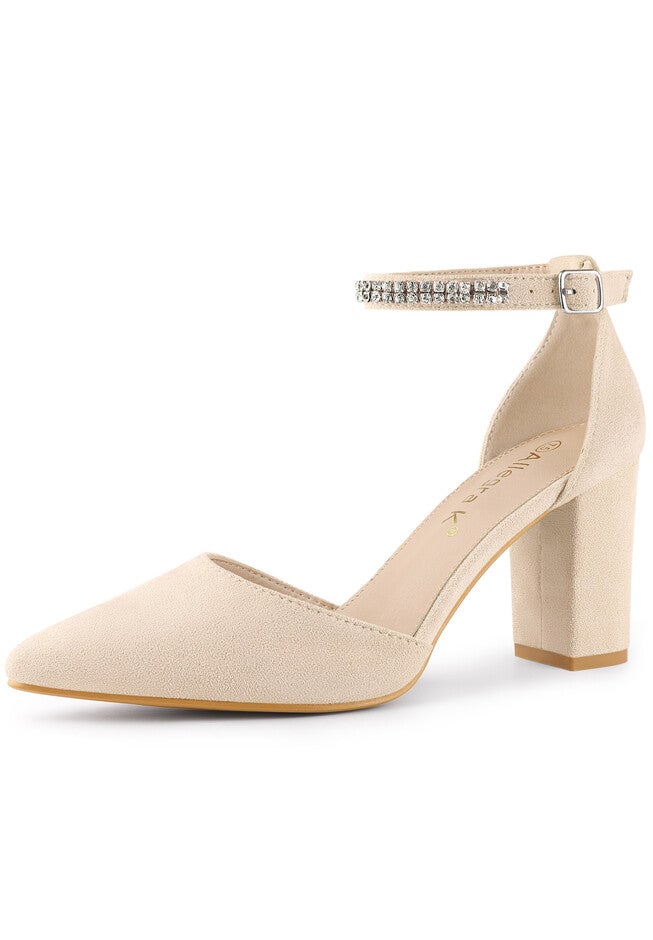 Pointed Toe Rhinestone Ankle Strap Chunky Heels Pumps, Beige / Beige, hi-res image number 0
