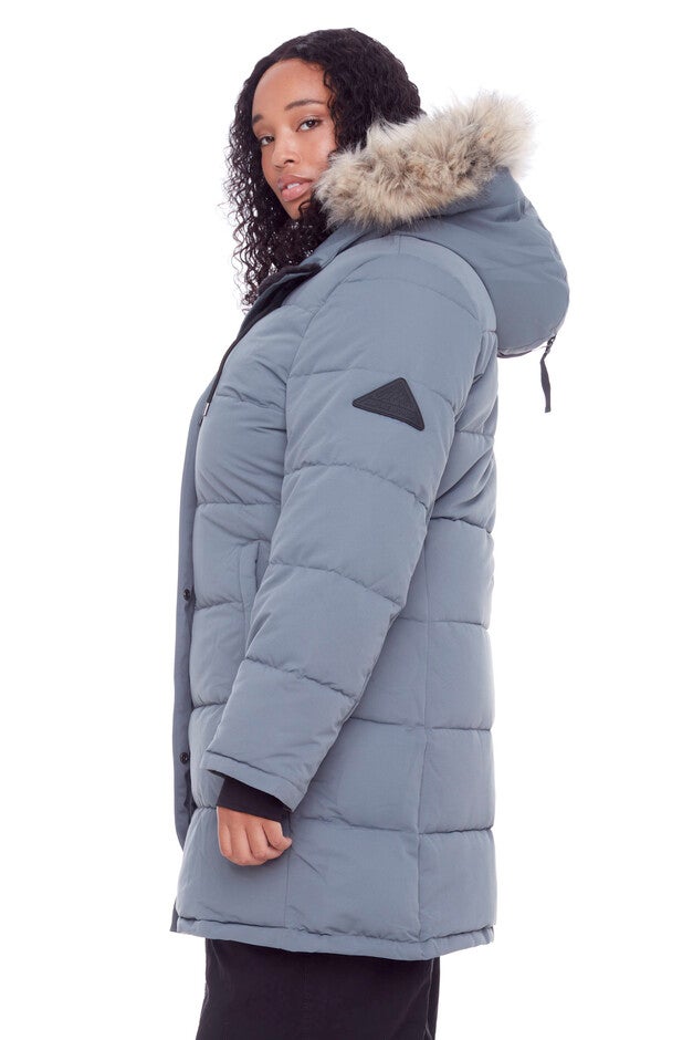 Women's Plus Size - AULAVIK | Vegan Down Recycled Mid-Length Hooded Parka Coat, Slate / Cool Gray, alternate image number 3