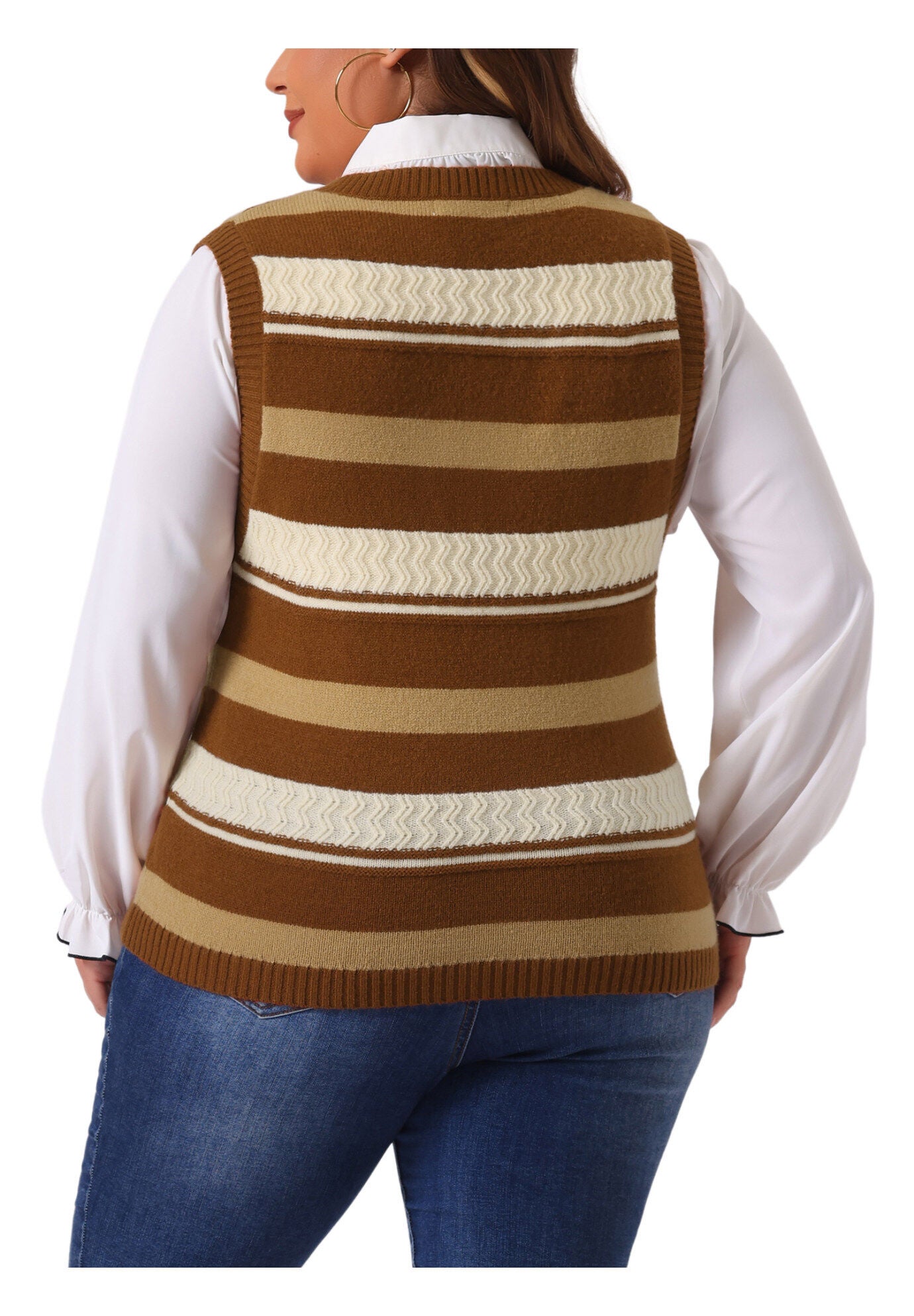 V Neck Striped Knit Casual Pullover Sweater Vest, Brown / Brown, alternate image number 3