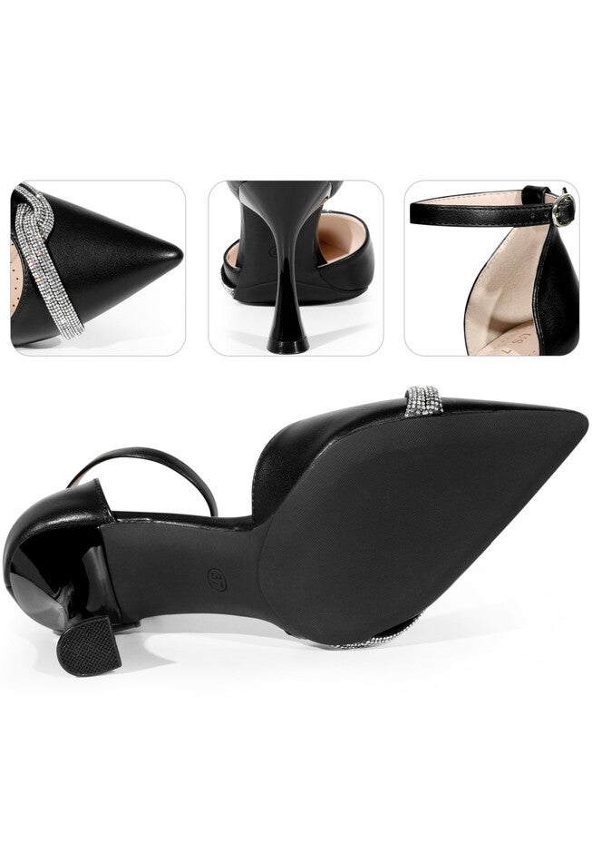 Rhinestone Wedding Shoes Bow Ankle Strap Stiletto Heels Pumps, Black / Black, alternate image number 2