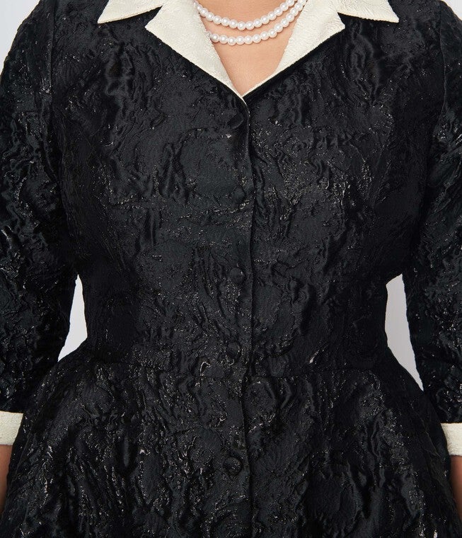 Unique Vintage Black Brocade Swing Dress, Black / Black, alternate image number null