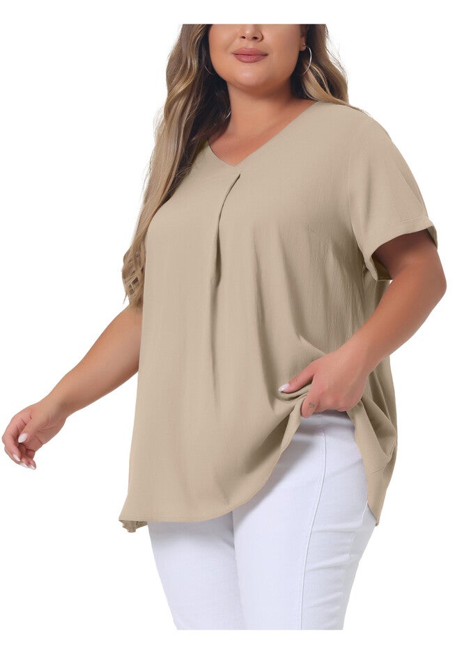 Chambray Pleat Front V Neck Short Sleeve Blouse Top, Khaki / Brown, alternate image number 1
