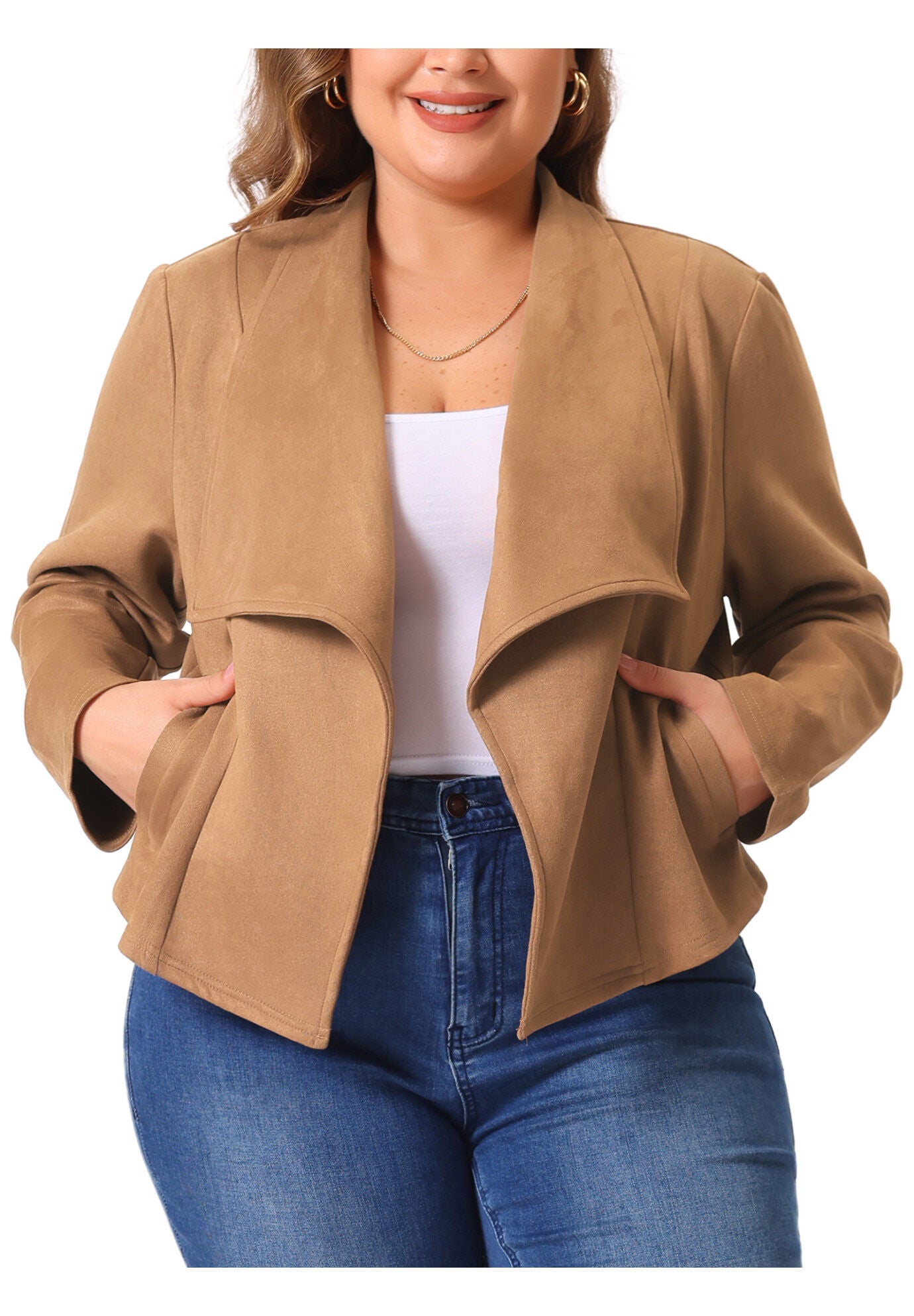 FAUX SUEDE LAPEL OPEN FRONT CARDIGAN JACKET, Brown / Brown, alternate image number 2