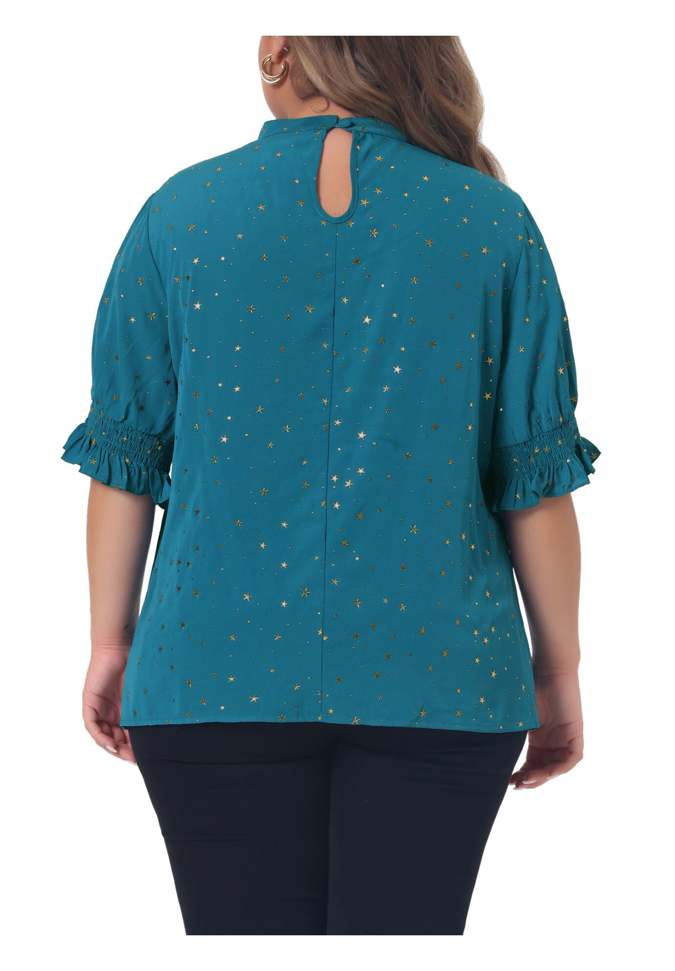 Pleated Mock Neck Star Print Puff Sleeve Blouse Top, Blue / Azure Blue, alternate image number 3