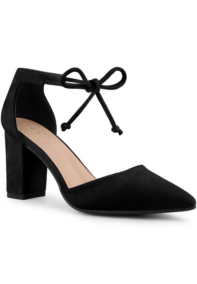 Ankle Tie Pointed Toe Chunky Heels Pumps, Black / Black, hi-res image number 0