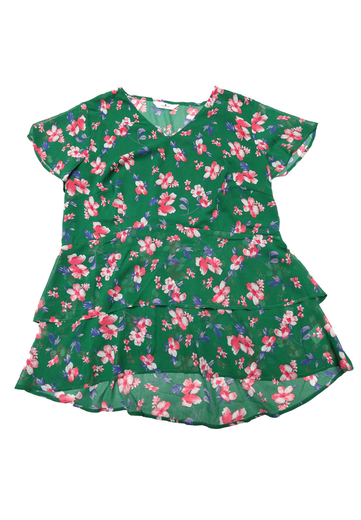 Short Sleeve Layered Casual Floral Blouse Summer Top, Green / Forest Green, hi-res image number 0