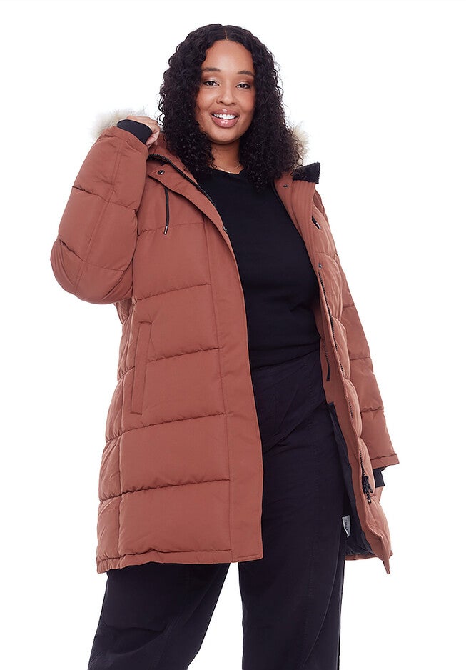 Women's Plus Size - AULAVIK | Vegan Down Recycled Mid-Length Hooded Parka Coat, Maple / Brown, hi-res image number 0