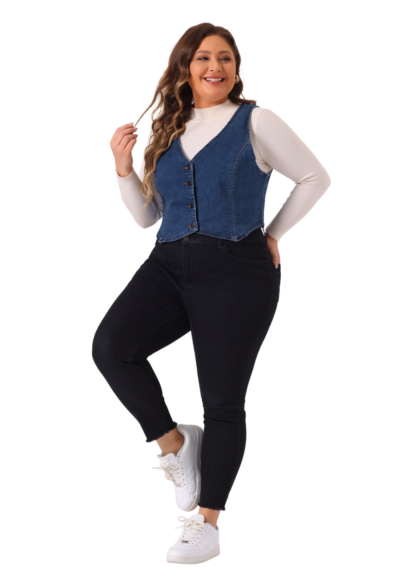 V NECK BUTTON DOWN DENIM VEST, Blue / Chambray Denim Medium, hi-res image number 0