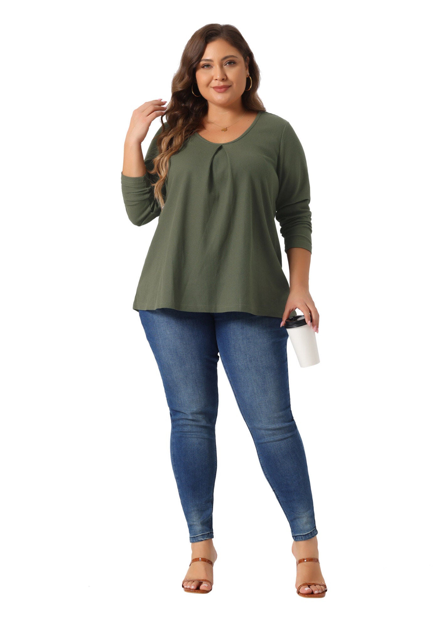 Crew Neck Pleat Front Long Sleeve Waffle Knit Blouse Shirt, Army Green / Olive Green, hi-res image number 0