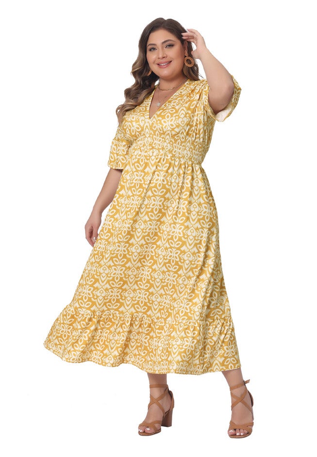 Bell Sleeve Ruffled Hem V Neck Short Sleeve Boho A Line Long Dress, Yellow / Yellow, hi-res image number 0