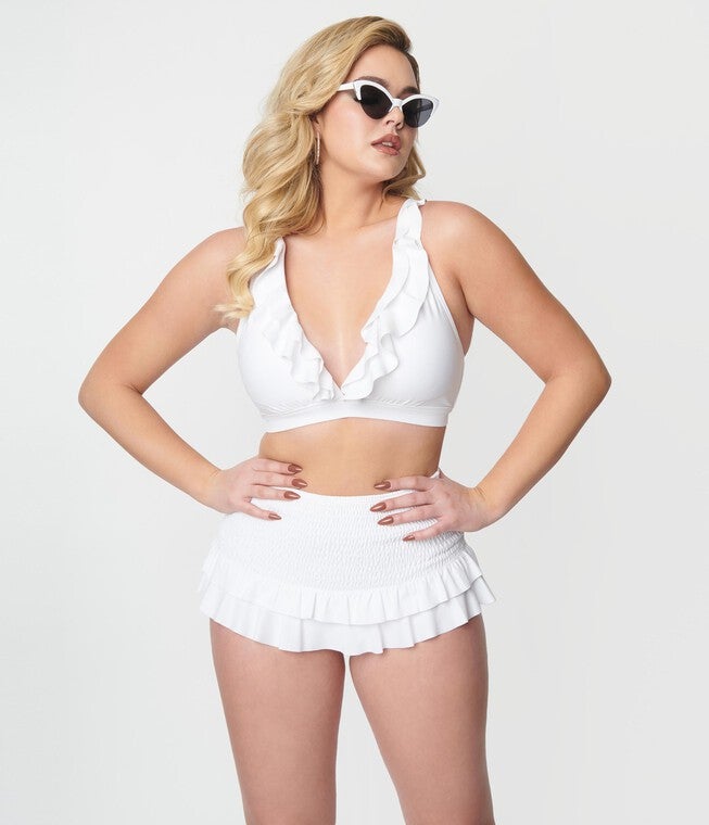White Ruffle Halter Swim Top, , alternate image number null