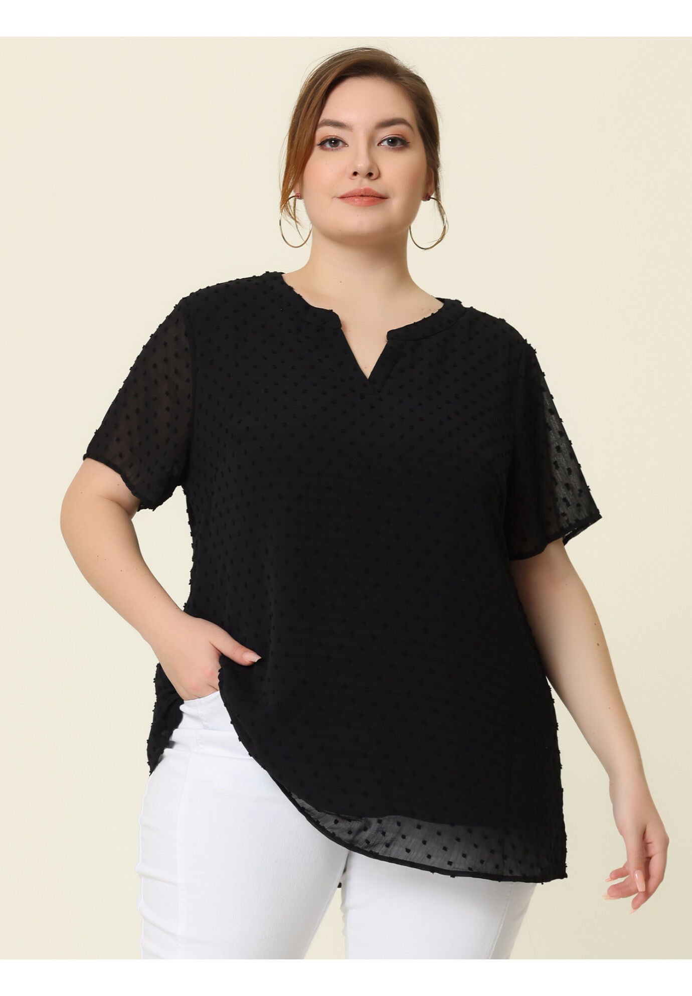 Swiss Dots Notched Neck Short Sleeve Basic Blouse, Black / Black, hi-res image number 0