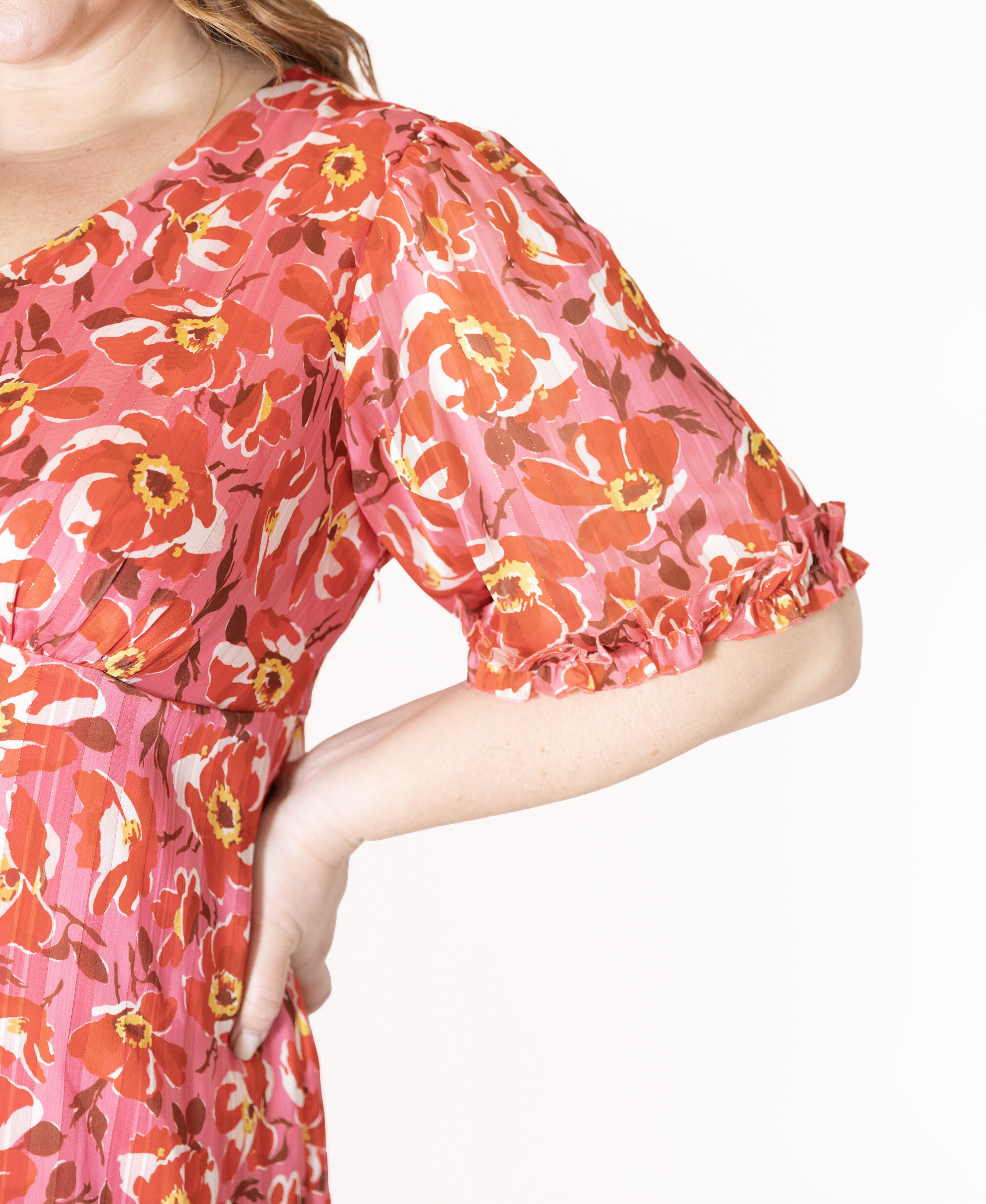 Ruffle Sleeve Floral Lurex Maxi Dress, Pink / Pink, alternate image number 3