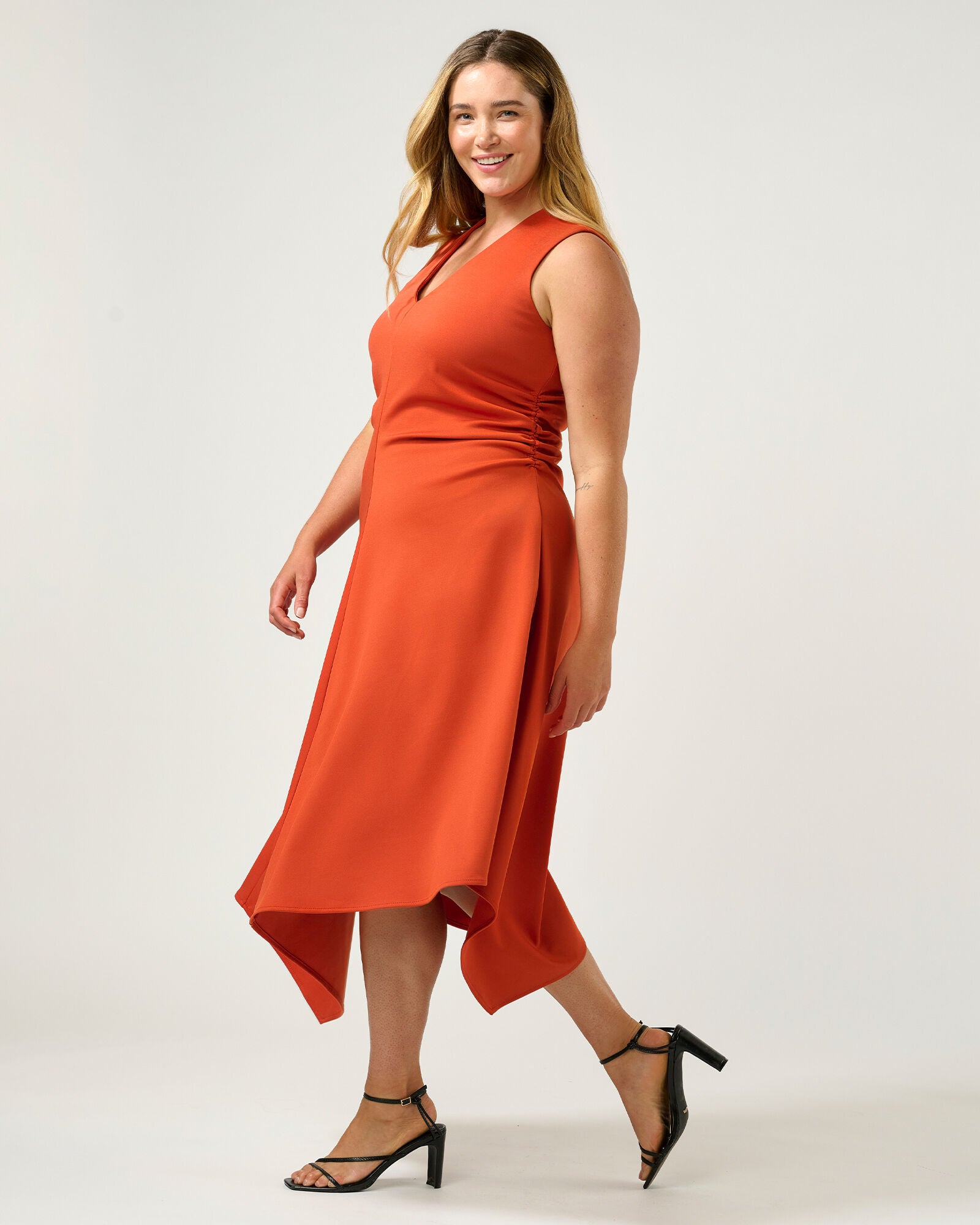 Carmen Ruched Scuba Dress, Tangerine / Orange, alternate image number 2