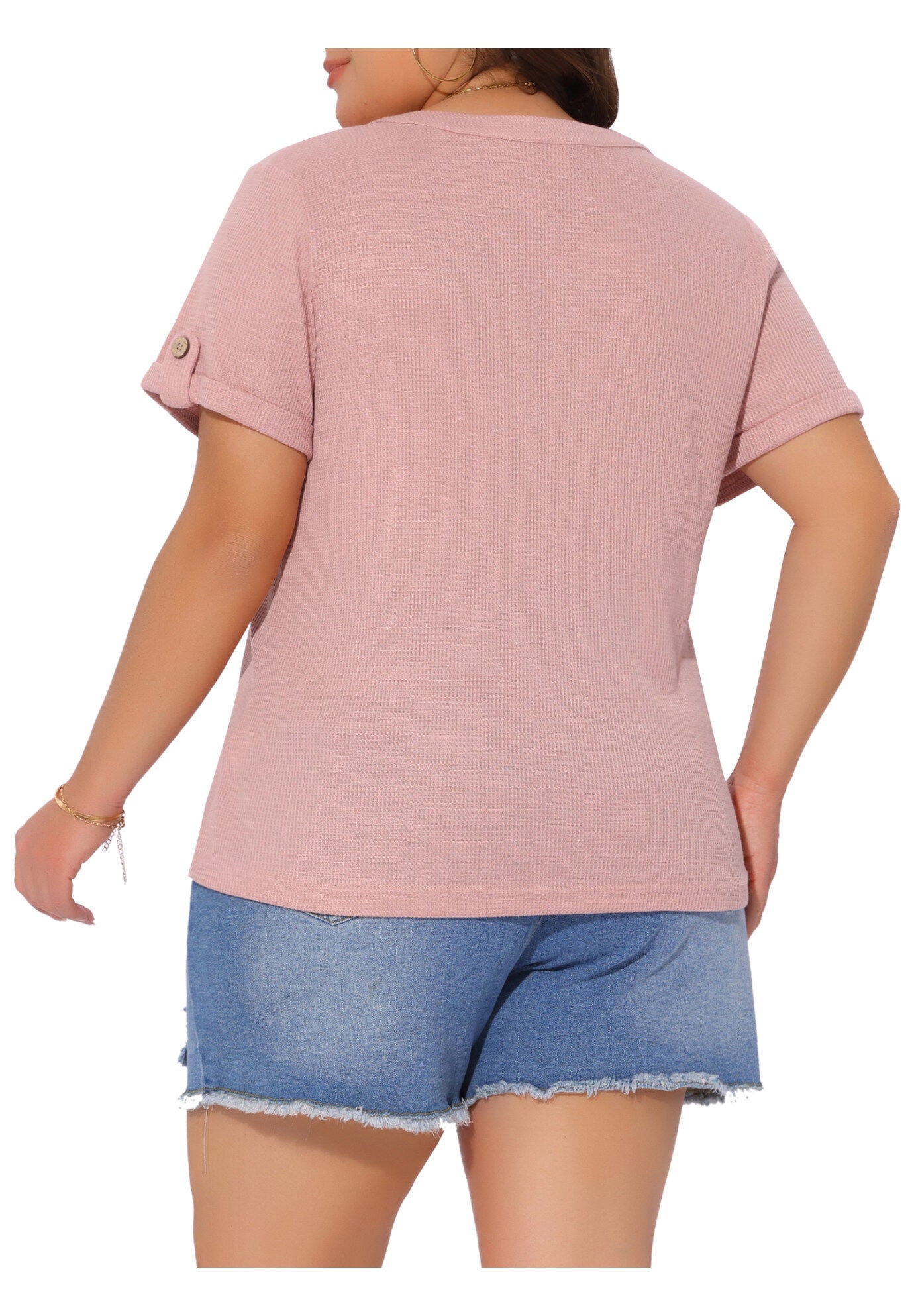 Loose Short Sleeve Button V Neck Summer Waffle Tunic Tee, Pink / Pink, alternate image number 3