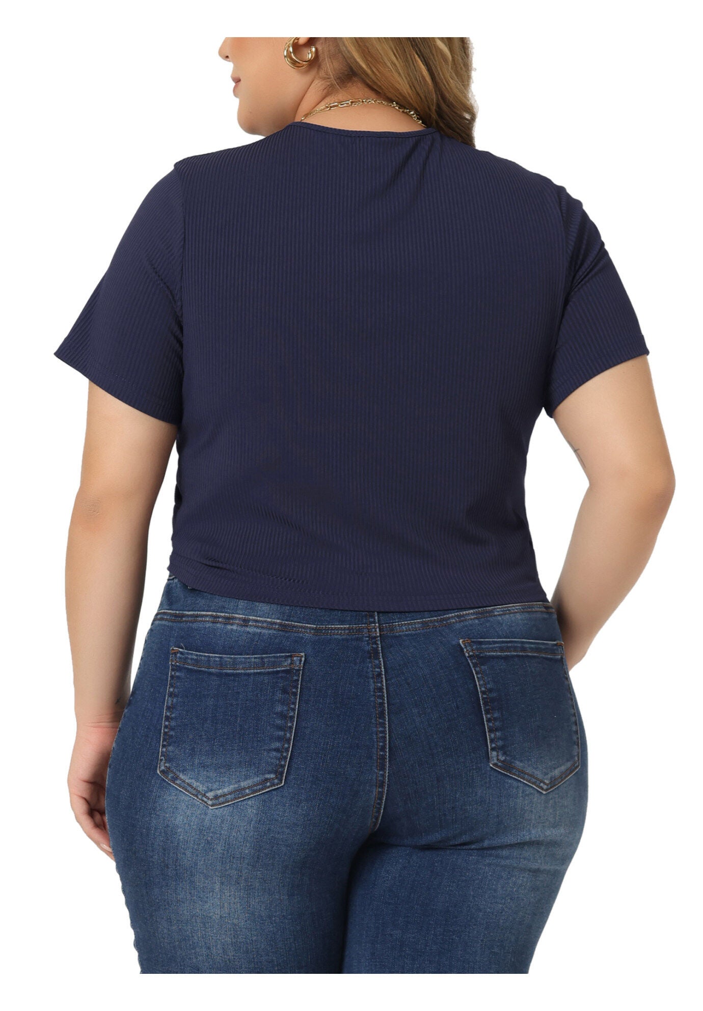 Twist Front V Neck Ribbed Short Sleeve T-Shirt Top, Navy Blue / Navy, alternate image number 3