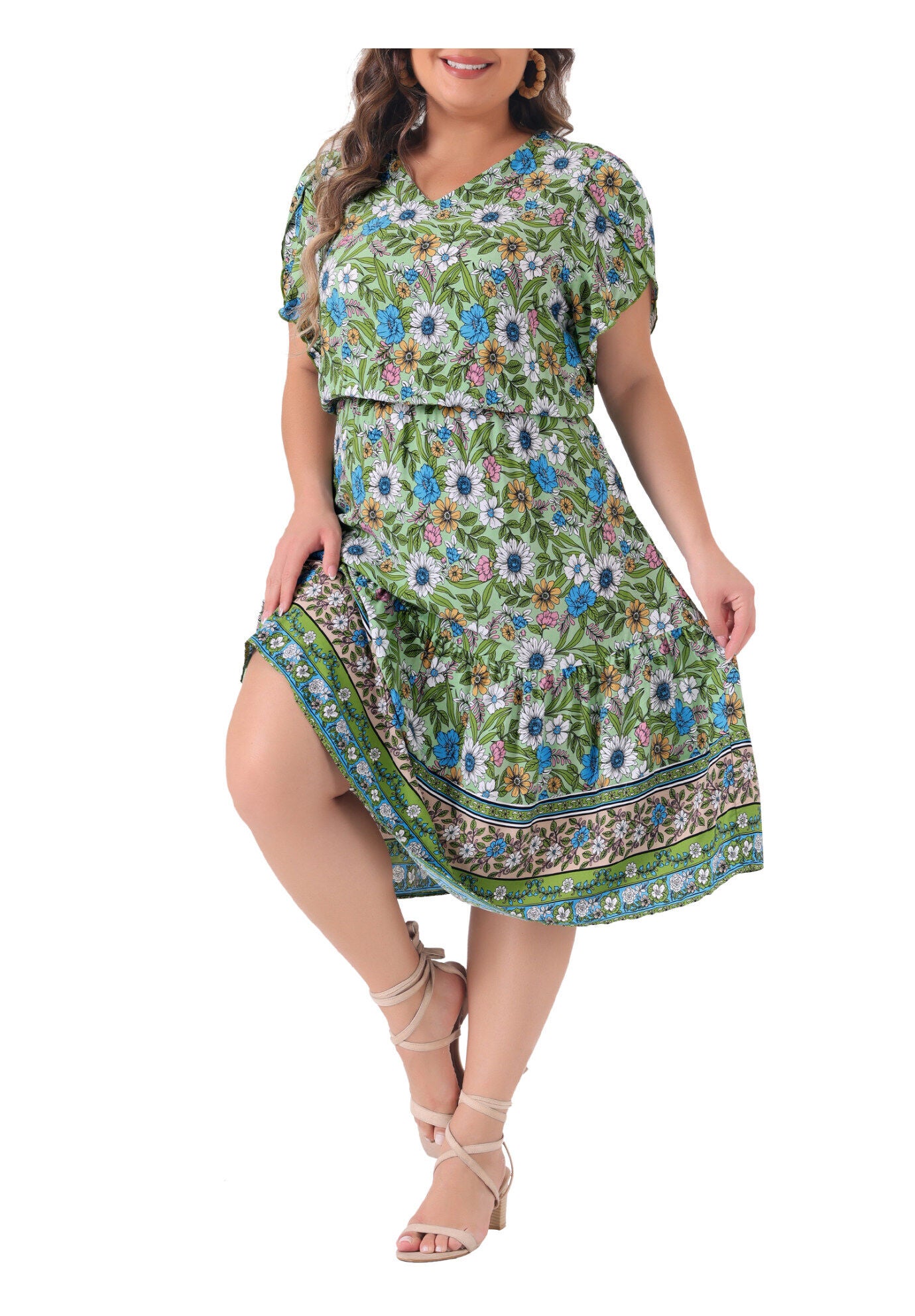 SUMMER BOHO V NECK SHORT SLEEVE FLORAL PRINT MIDI DRESS, Green / Light Green, alternate image number 2
