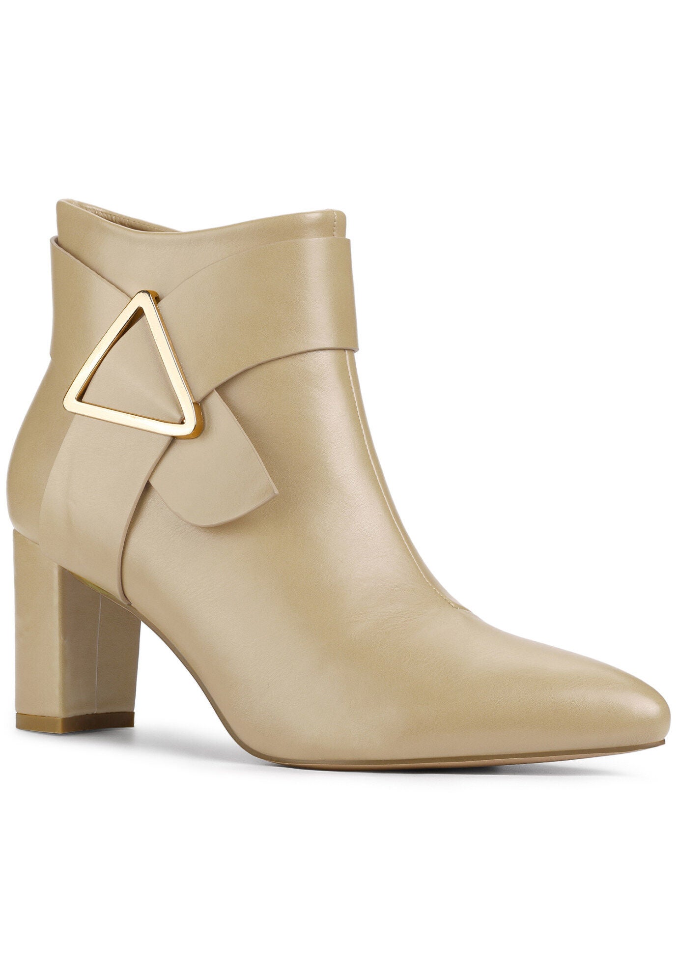 Pointed Toe Triangle Buckle Chunky Heels Ankle Boots, Beige / Beige, hi-res image number 0