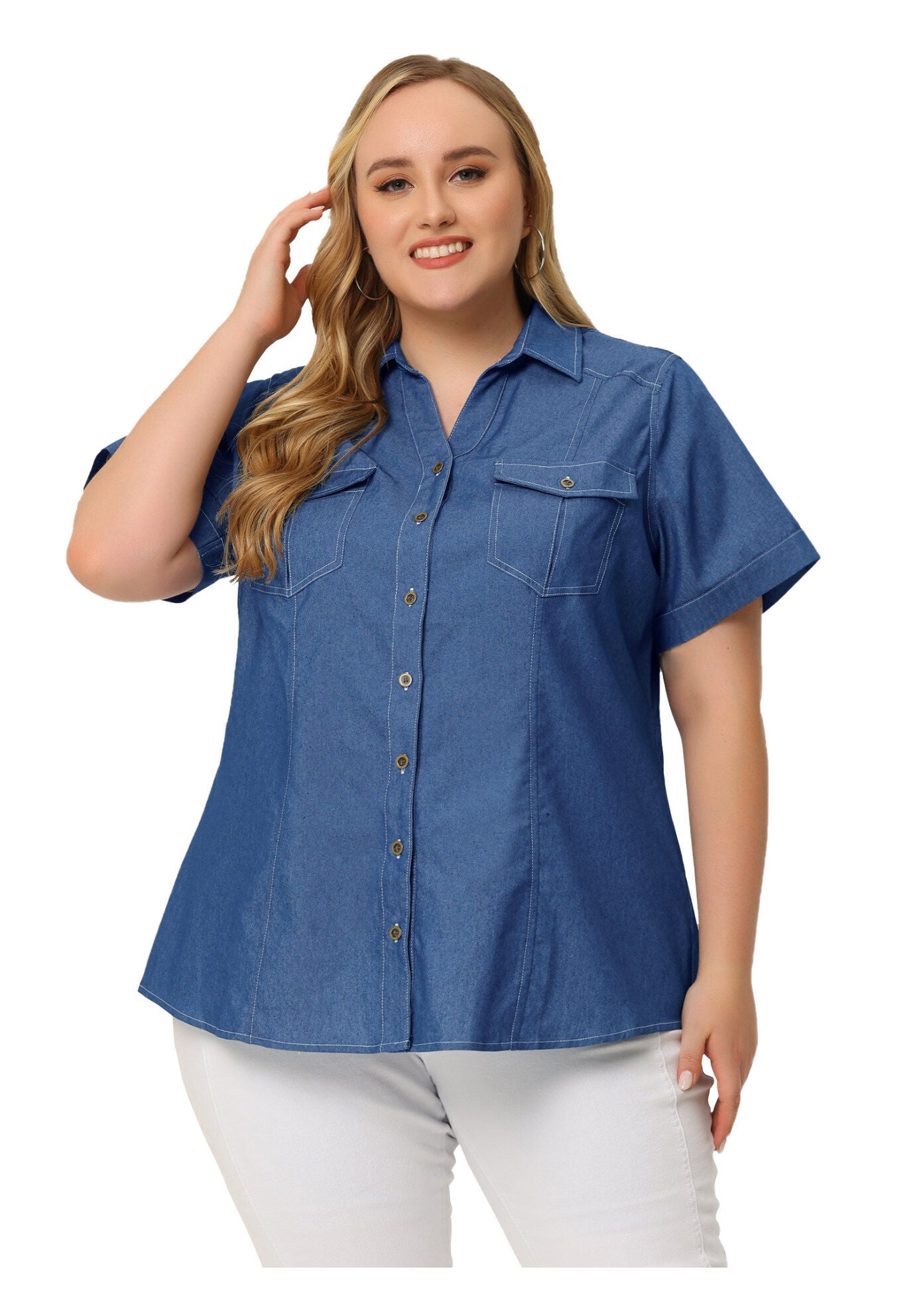 Workwear Short Sleeve Button Down Chambray Shirt, Dark Blue / Navy, hi-res image number 0