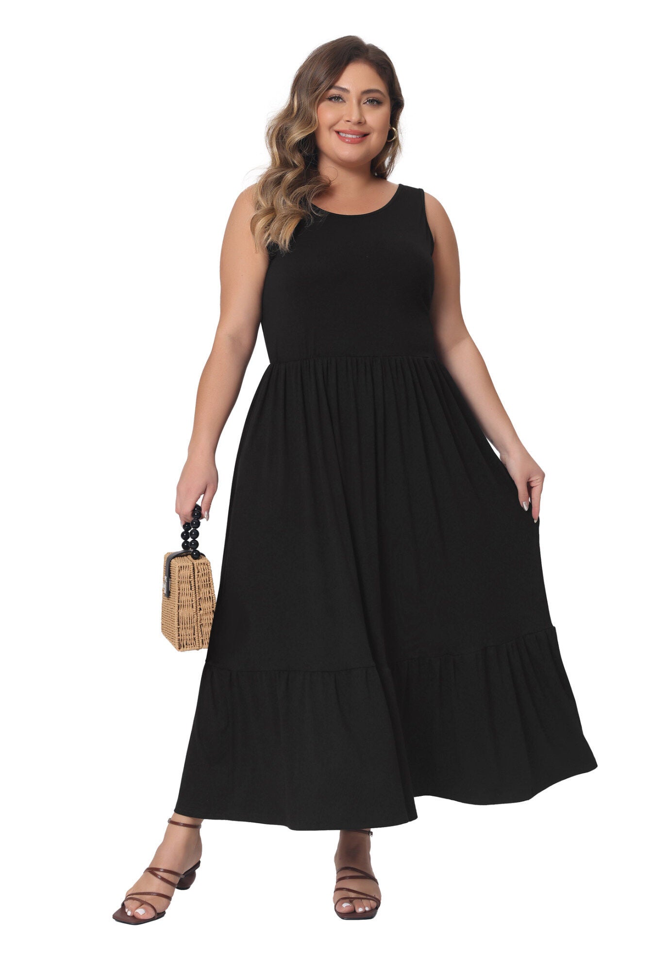 Sleeveless Swing Flowy Summer Maxi T-Shirt Dress with Pockets, Black / Black, hi-res image number 0