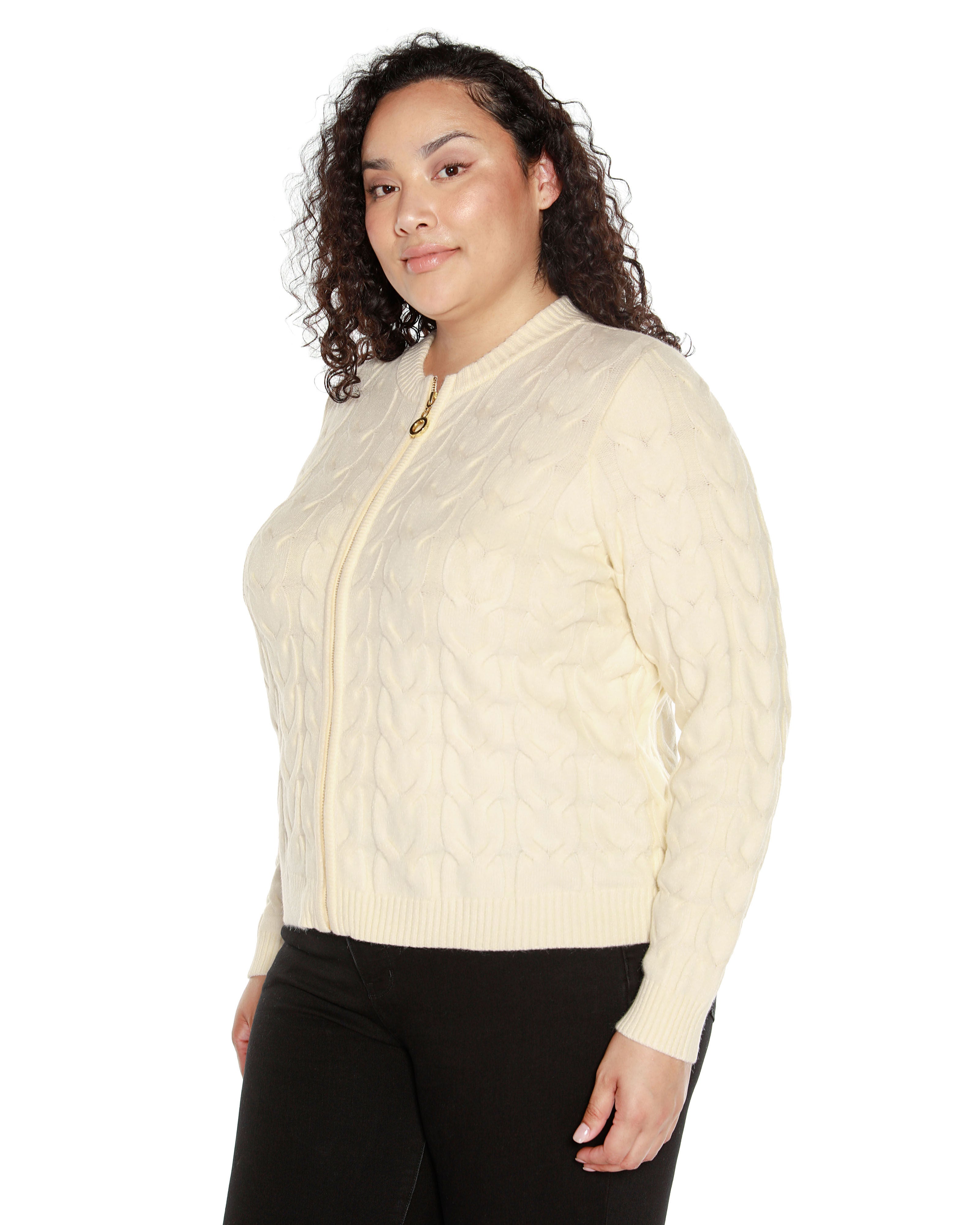 ZIP CABLE SWEATER, Ecru / Ivory, alternate image number 2