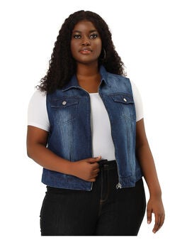 DENIM SLEEVELESS ZIP UP BUTTON DOWN JEANS JACKET VEST