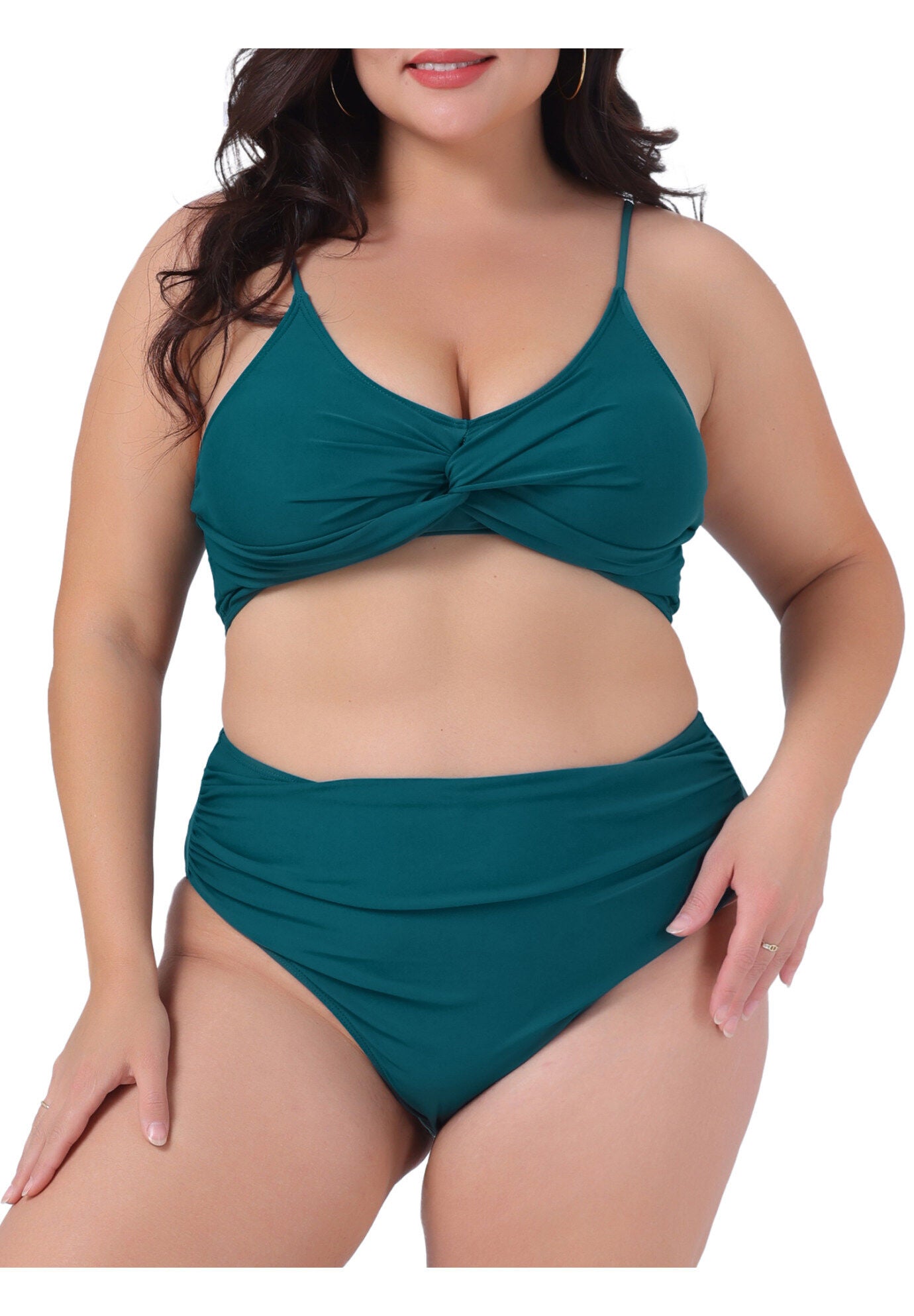 High Waisted V Neck Two Piece Bikini Set, Blue Green / Quetzal Green, alternate image number 2