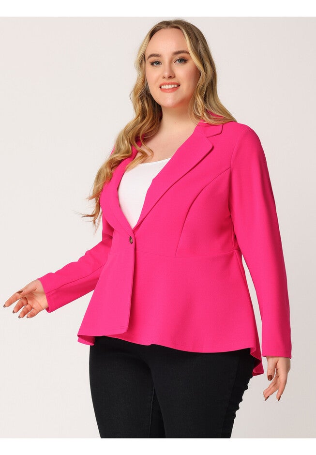 RUFFLE V NECK BUTTON NOTCH PANEL PEPLUM BLAZER, Hot Pink / Deep Fuchsia, alternate image number 1