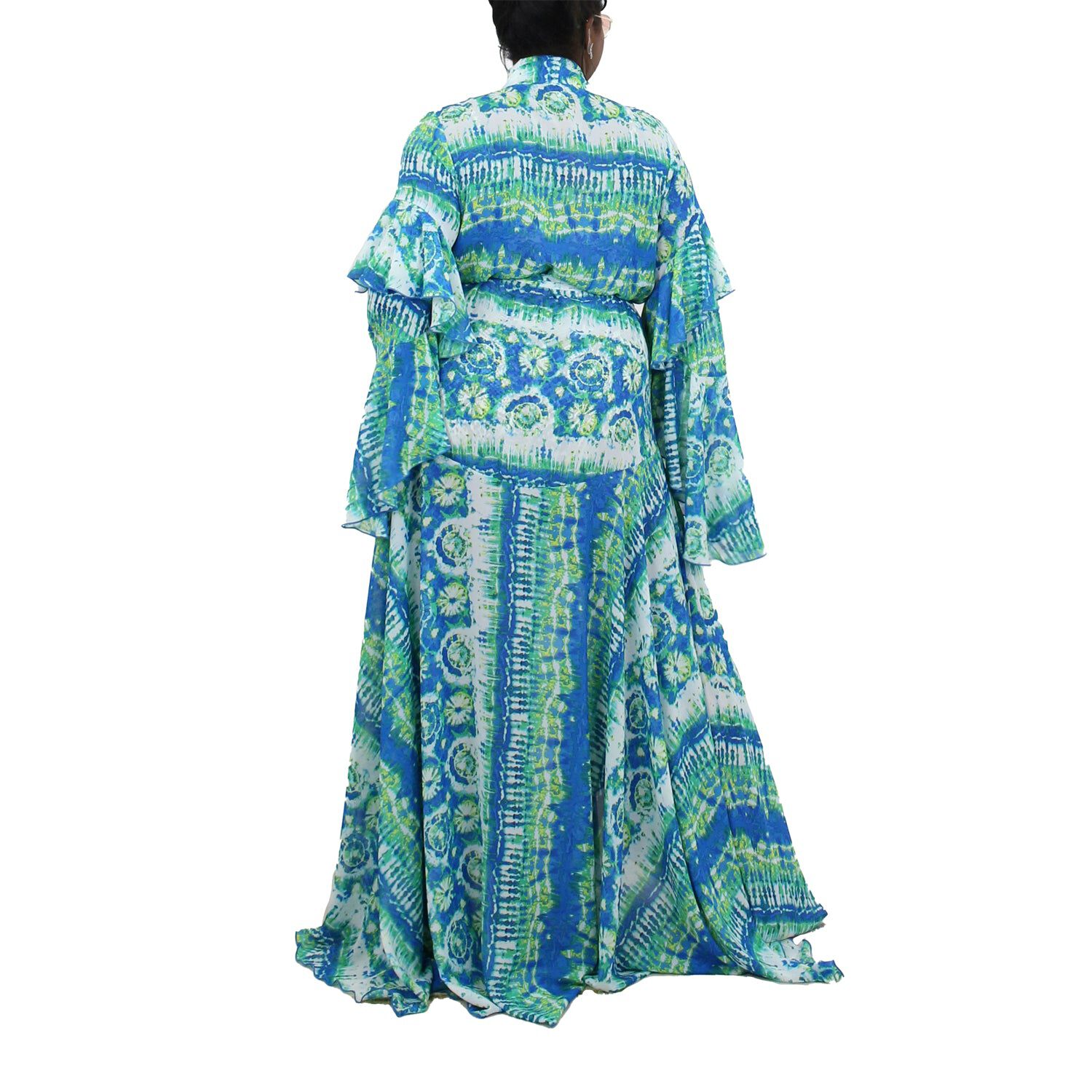 Korinne Deluxe Kaftan With Neck Tie Blue & Green Batik Print, Blue / Azure Blue, alternate image number 3