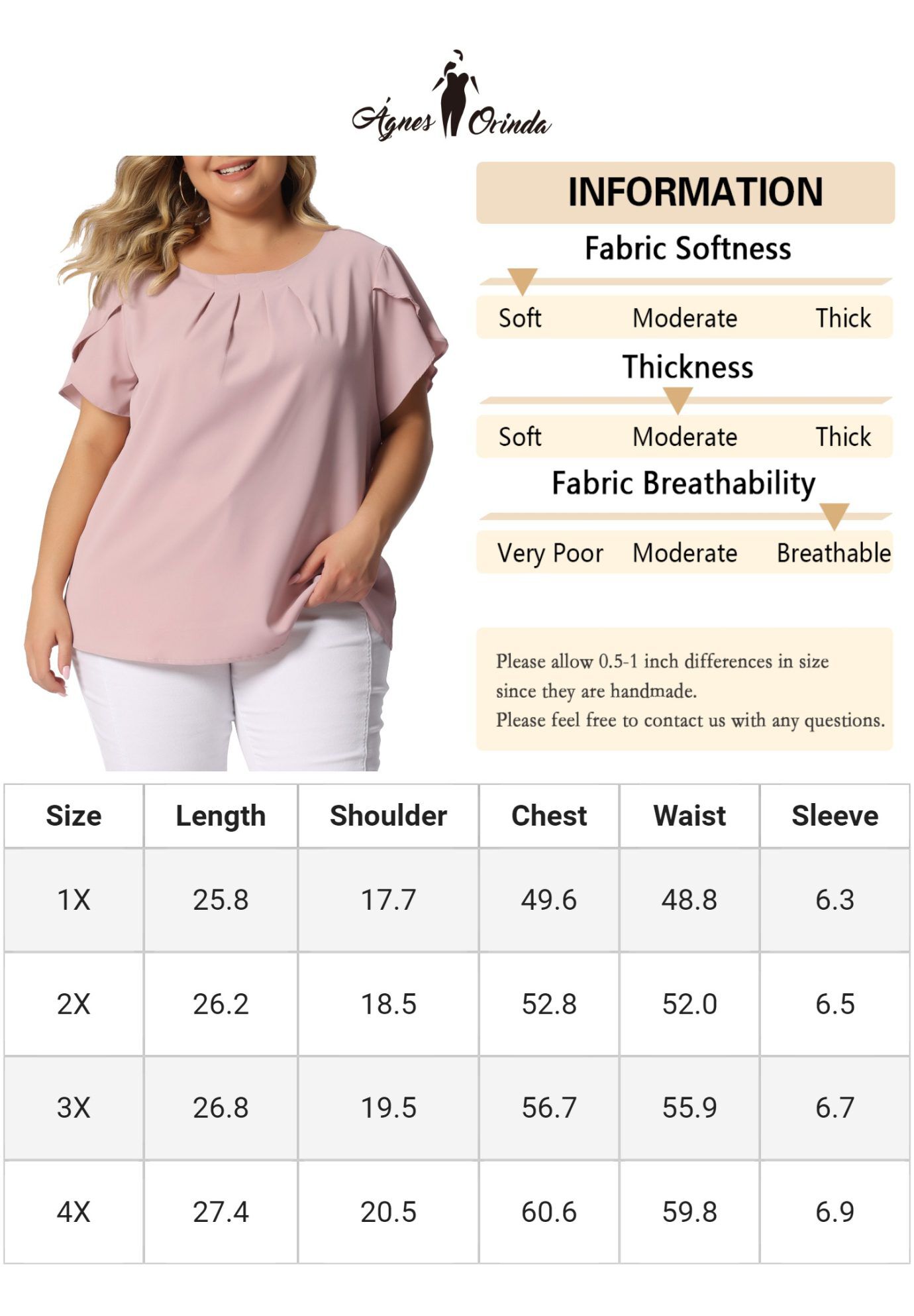 Round Neck Pleated Top Tulip Sleeves Blouse Top, Pink / Pink, alternate image number 4