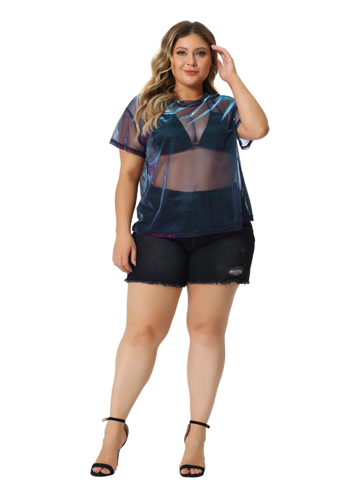 DROP SHOULDER SHEER MESH TOP, Black Purple / Purple, hi-res image number 0