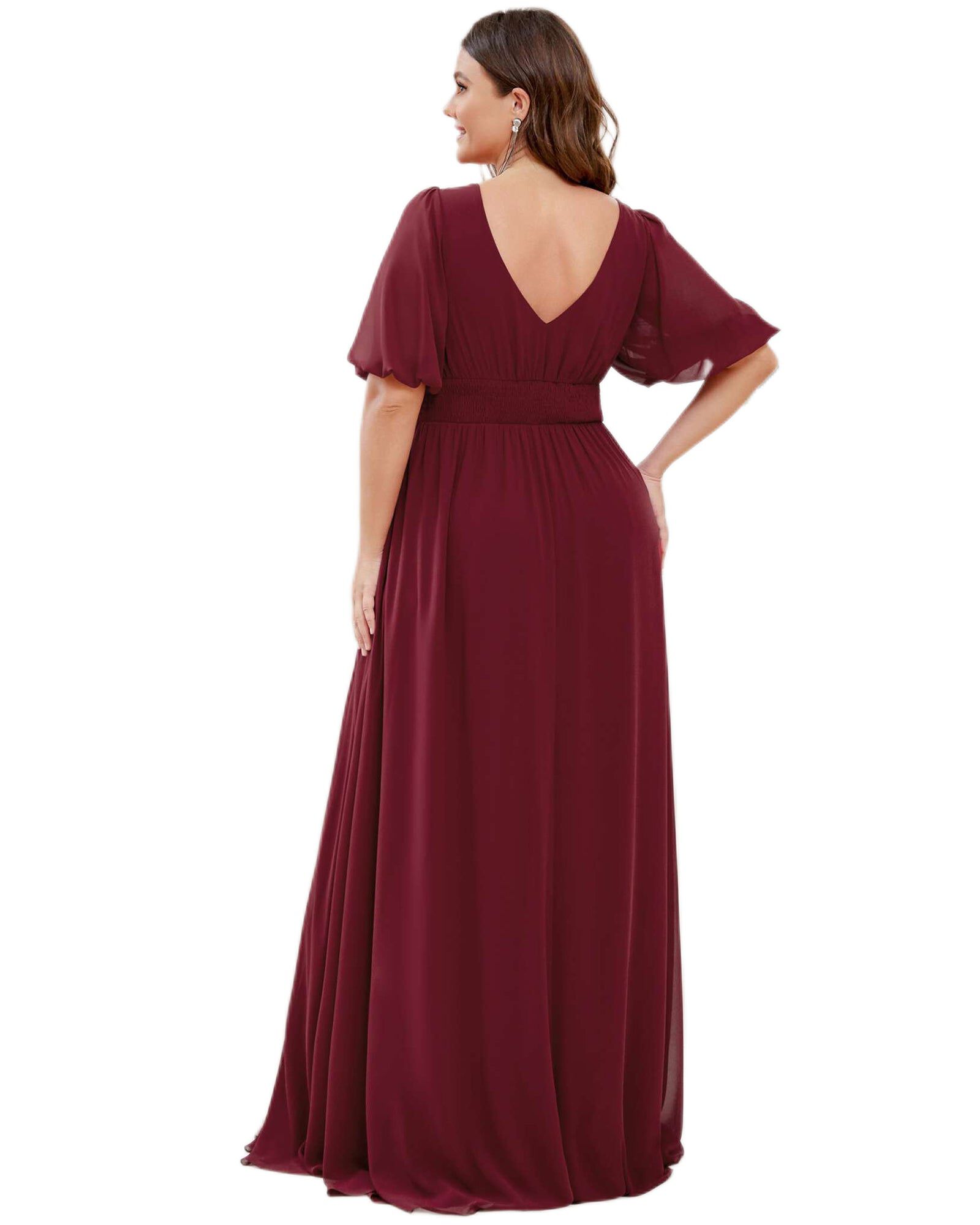 Chiffon Illusion V-Neck Flutter Sleeve Front Slit Evening Dress, Burgundy / Burgundy, alternate image number 1