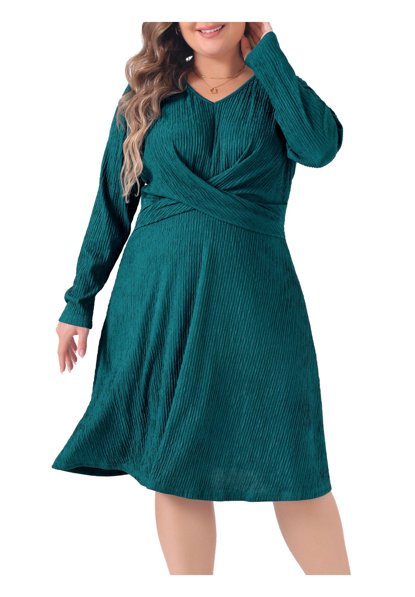 Long Sleeve Elegant Knitted Criss Cross V Neck Sweater Midi Dress, Green / Teal, alternate image number 2
