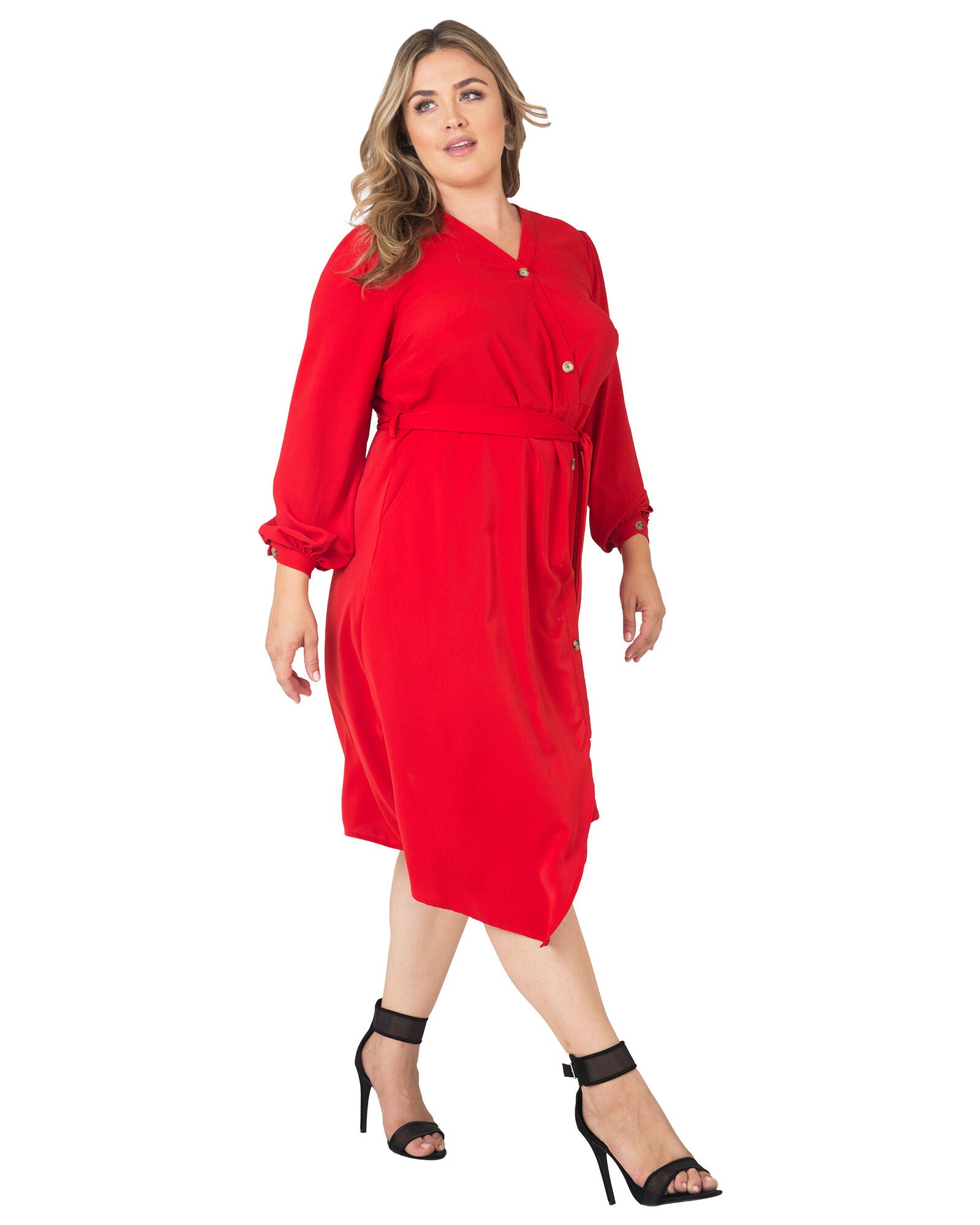 Standards & Practices Asymmetrical Hem Button-Up Wrap Lantern Sleeve Dress, CHERRY / Red, alternate image number 2