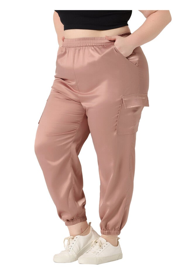 SATIN JOGGERS ELASTIC WAIST ATHLEISURE ANKLE LENGTH CARGO PANTS, Pink / Pink, alternate image number 2