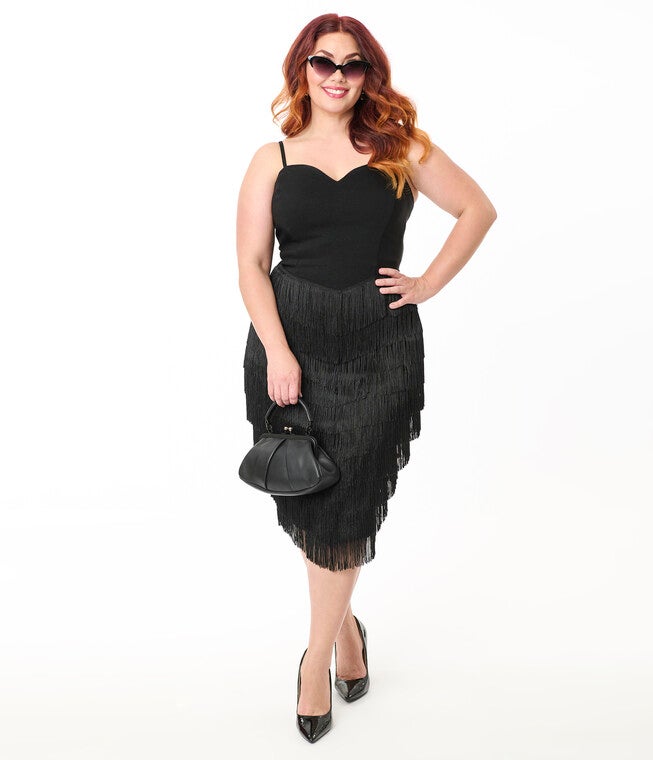 Unique Vintage Plus Size Black Chevron Fringe Pencil Dress, Black / Black, hi-res image number null